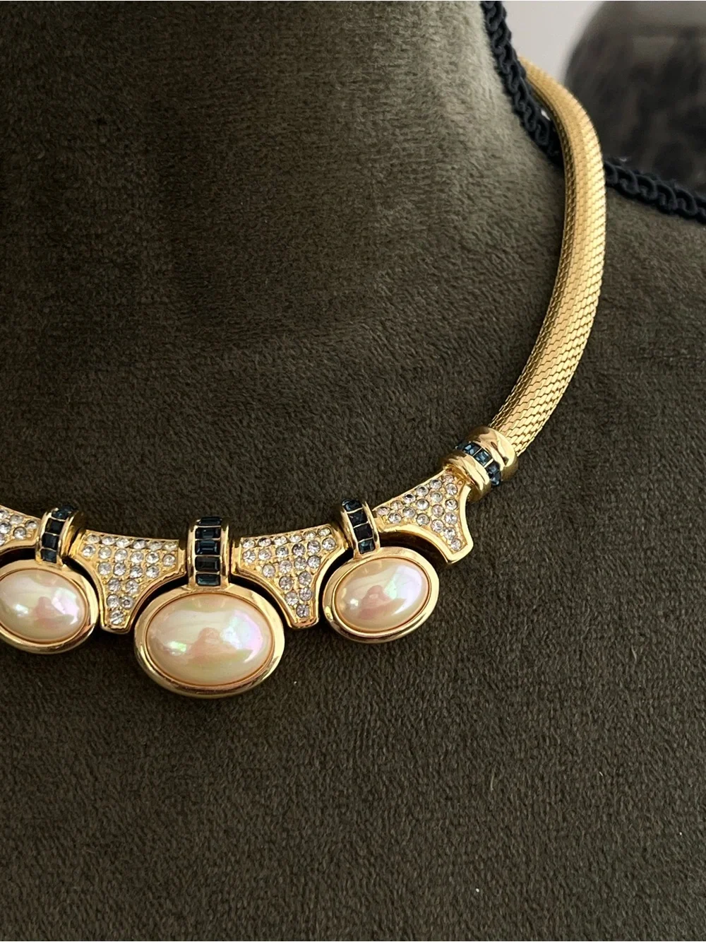 Authentic Vintage Dior Oval Pearl Cabochon Blue Stone Mesh Gold Bib Necklace